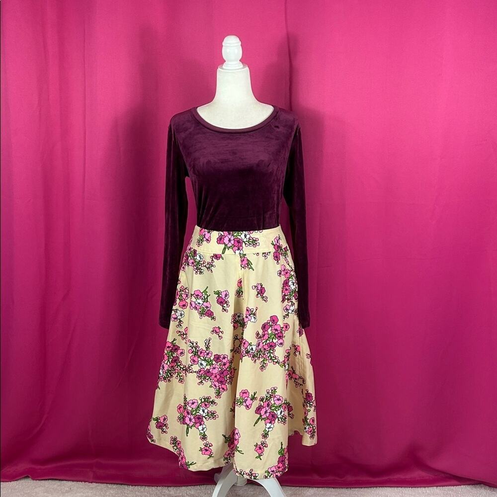 Vintage handmade floral print a line‎ midi skirt, small